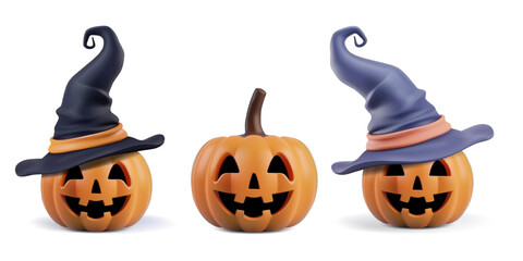Halloween Jack o Lantern. Carved pumpkin with funny smiling faces in witch black hat. Set of vector illustration isolated on white background. 3d cute spooky orange cartoon party decor sticker png.