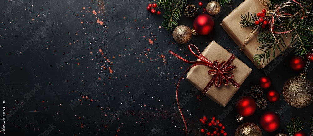Poster top view of a festive banner design featuring a gift box christmas balls and a dark black background