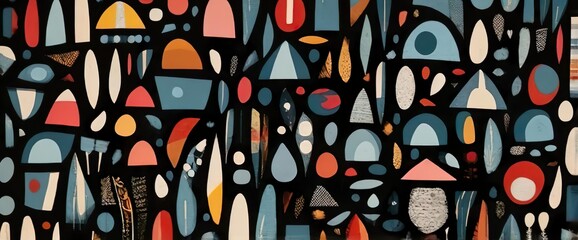 A vibrant abstract pattern featuring a variety of colorful geometric shapes against a black background.