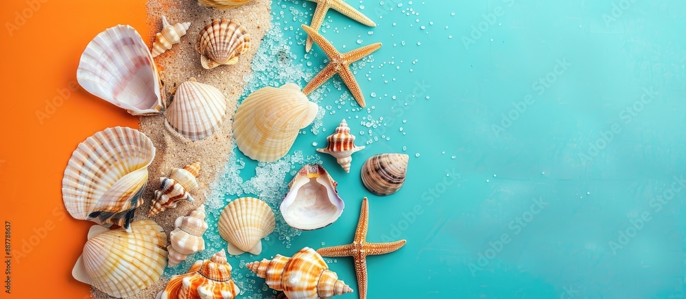 Aufkleber Seashells from the beach displayed on a vibrant background creating a mock up with plenty of space for adding text or images. with copy space image. Place for adding text or design