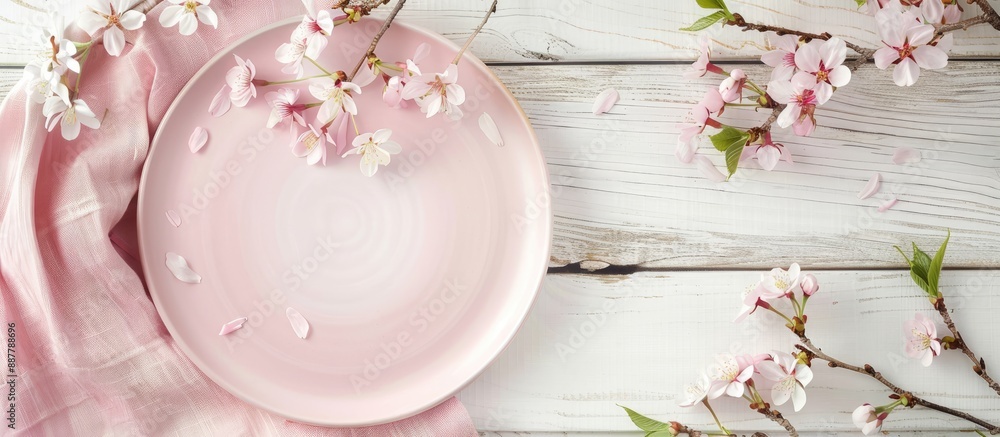 Poster pink plate napkin and cherry blossom branches on a white wooden background creating an exquisite com