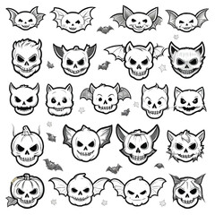 a coloring page of a collection of halloween skulls and bats with various facial expressions