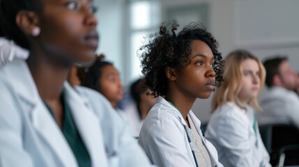 Fototapeta premium Medical students from diverse backgrounds are attentively listening to their professor in a well-lit university lecture hall