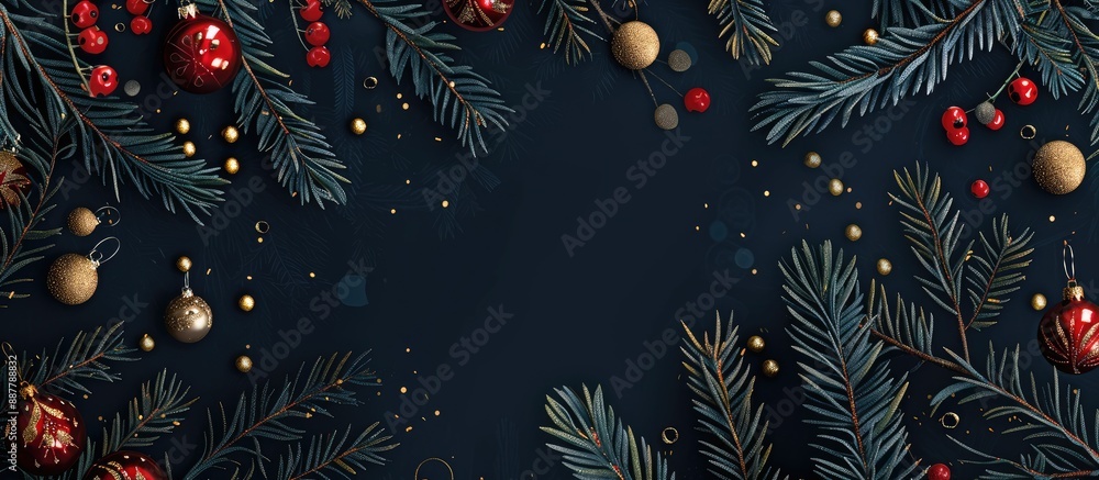 Aufkleber A festive Christmas theme with evergreen branches red and gold ornaments on a dark backdrop perfect for New Year greetings Includes space for text in a winter themed design. with copy space image