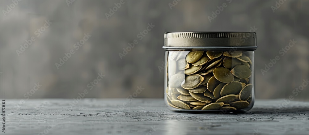 Aufkleber a translucent can filled with pumpkin seeds is shown alone on a gray backdrop offering room for text