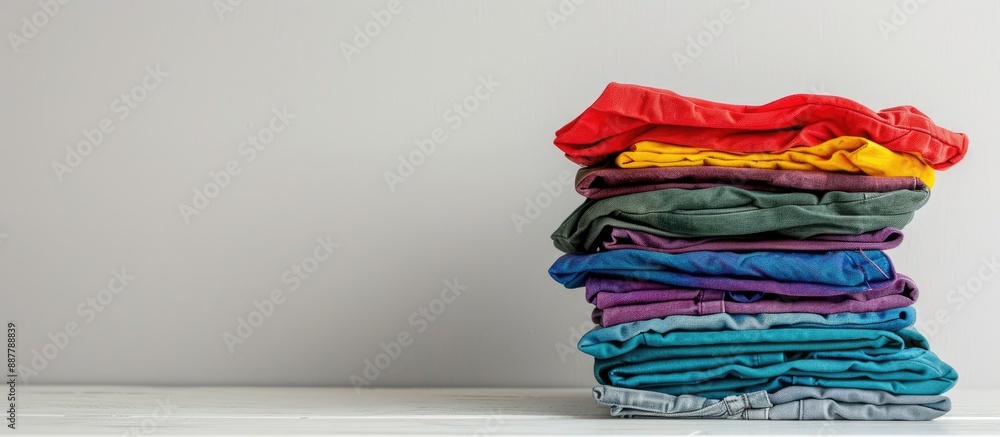Poster Colorful clothes stack on white table with empty copy space image