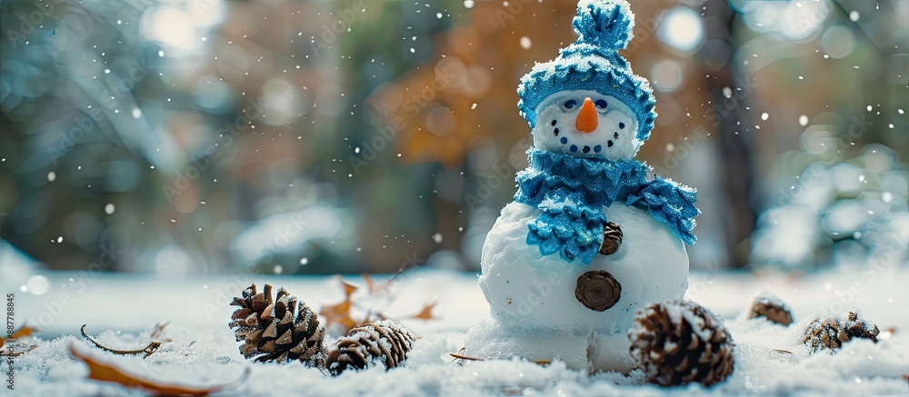 Aufkleber a charming snowman wearing blue winter attire stands in a forest park crafted with pine cones as eye