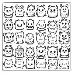 Fototapeta premium a black and white drawing of a group of cute monsters and devil with several facial expressions