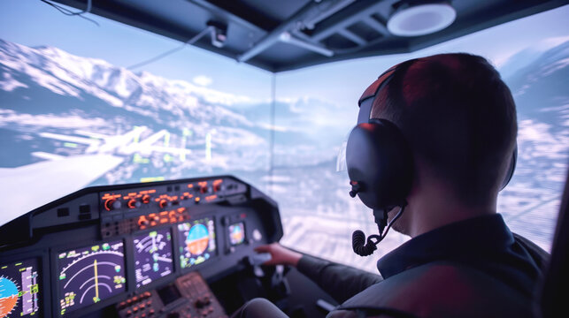 Person using a flight simulator with control panel and cockpit view of snowy mountains displayed on screens.
