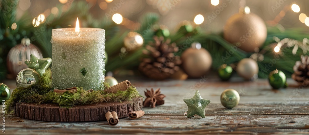 Aufkleber a festive table setting for advent with lit candle moss green glass baubles and cinnamon stars on wo