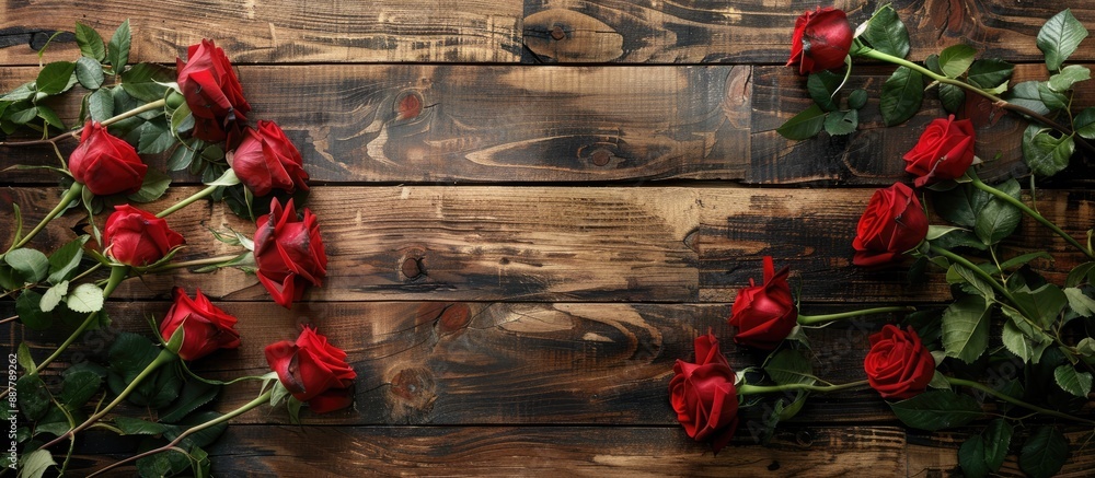 Leinwandbilder red roses arranged on a rustic wooden table with ample copy space image available