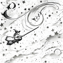 a coloring page drawing of a witch flying on a broomstick in the sky with a moon and stars