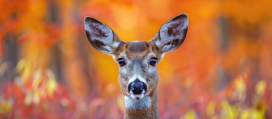 A doe capreolus capreolus gazes at the camera from the colorful autumn forest providing a serene image with a background suitable for additional text