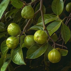 Fototapeta premium A bunch of green fruit hanging from a tree