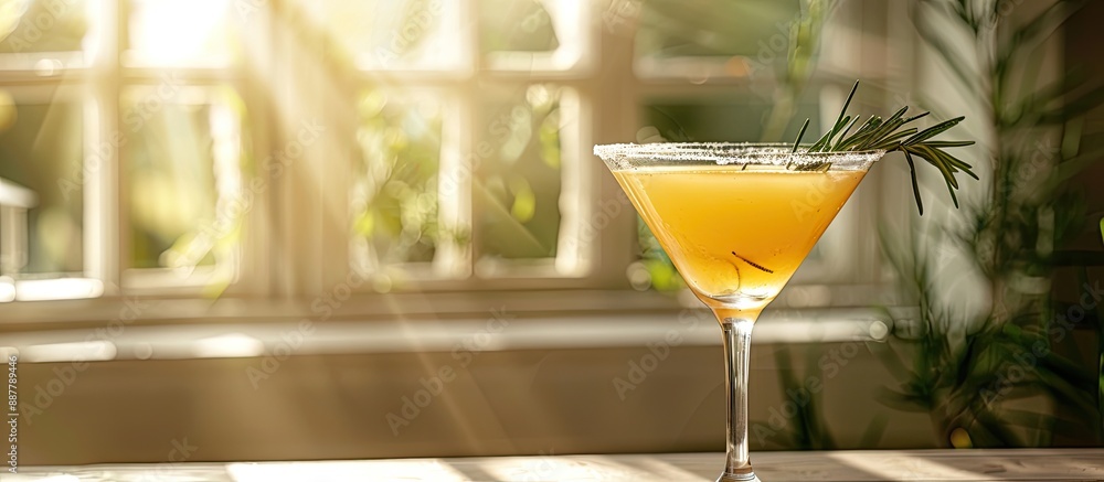Aufkleber A crooked stem martini glass with pear puree drink garnished with rosemary displayed by a sunny window with copy space image