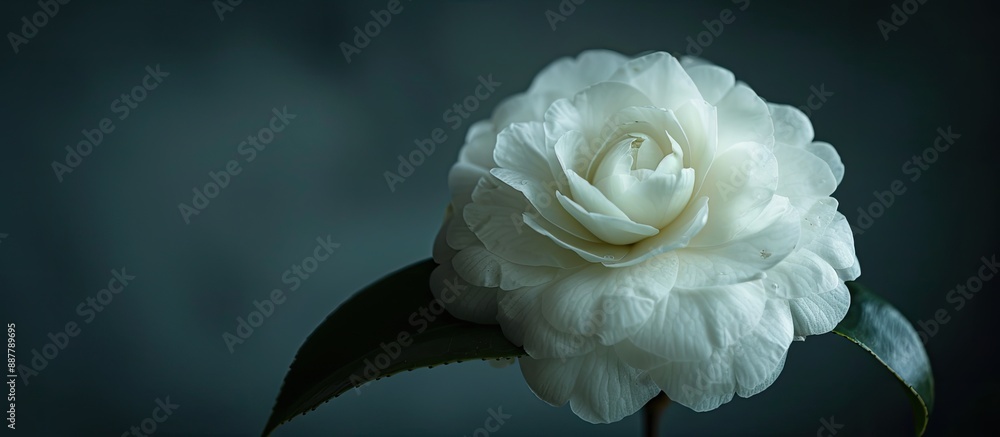 Aufkleber Close up view of a white camellia blossom with intricate details set against a dark backdrop suitable for a copy space image
