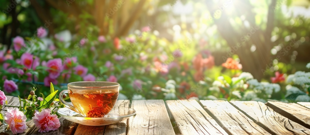 Poster outdoor wooden table with fresh flowers and a cup of jasmine tea displayed perfect for adding text i