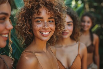 Fototapeta premium A group of young women engaging spending time outdoors, showcasing a positive mental state. Generative AI