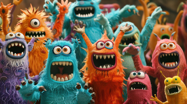 A group of toy monsters with their arms in the air
