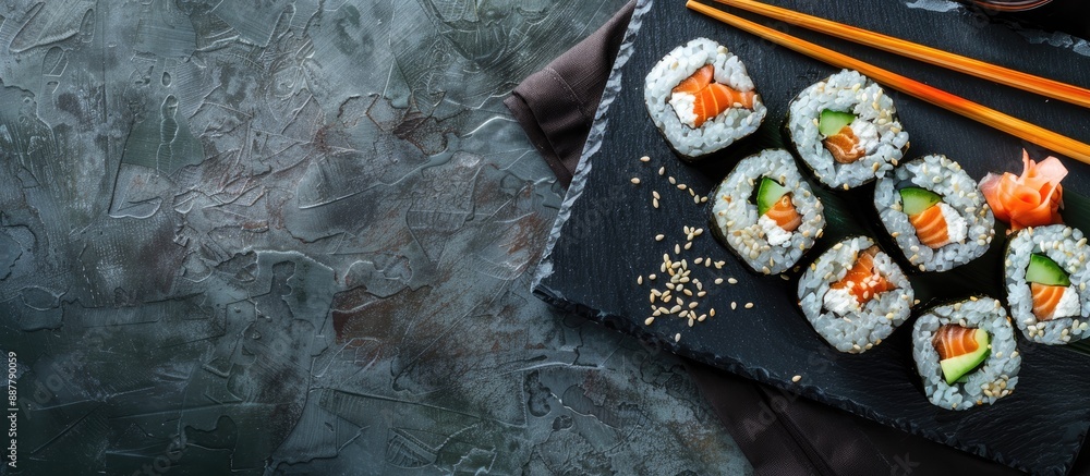 Fototapete Japanese sushi with chopsticks and soy sauce elegantly arranged on a slate plate in a vintage style picture with ample copy space image