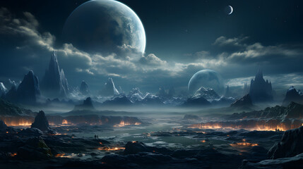A dark, moody landscape of a volcanic planet illuminates the night sky with clouds, three moons,...