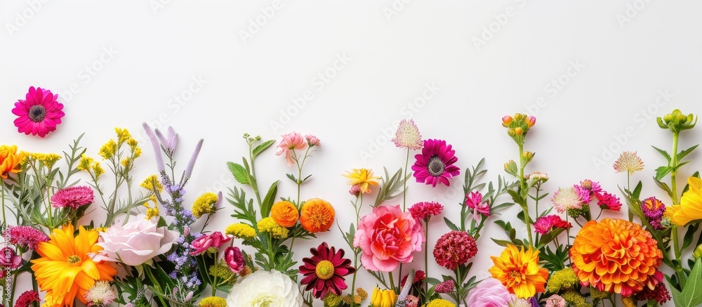 Poster top view of a colorful floral arrangement on a white backdrop with space for text ideal for occasion