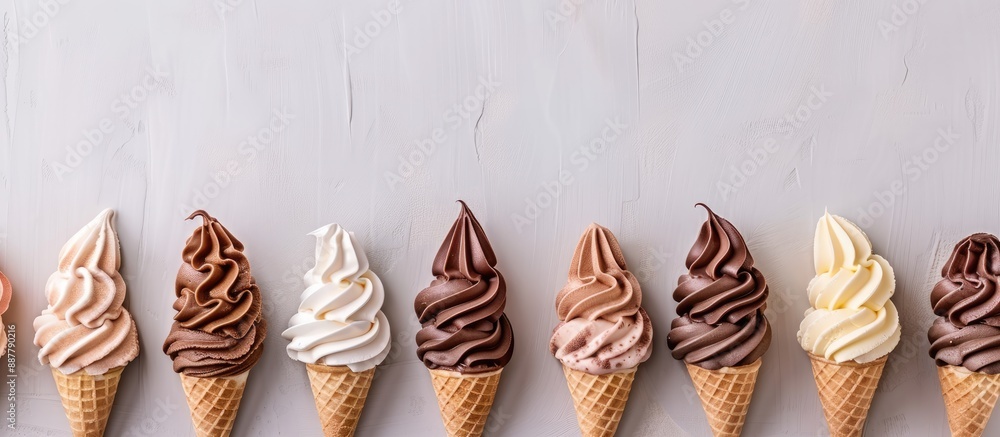 Aufkleber Ice cream cones displaying an assortment of flavors such as chocolate vanilla and strawberry with a blank space for adding images. with copy space image. Place for adding text or design