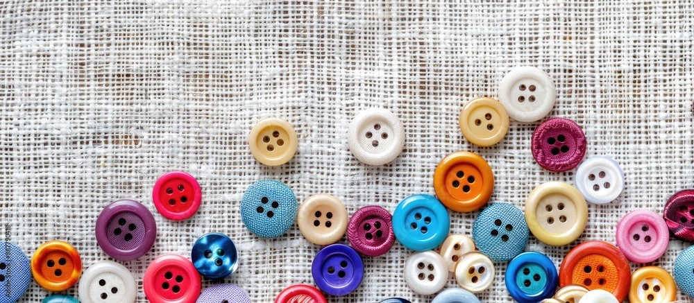 Poster frame made of multi colored buttons on a white woven background with copy space image