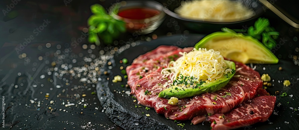 Fototapete Healthy diet food featuring sliced beef and avocado topped with grated cheese displayed in a tempting manner with an appealing copy space image