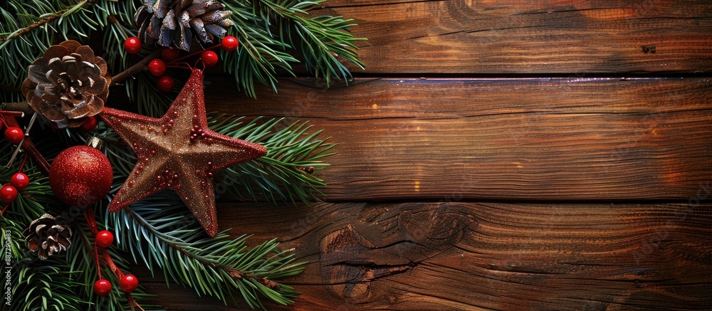 Poster wooden background featuring a festive christmas card adorned with a decorative star fir branches and