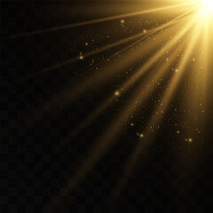 The image depicts a golden light , including sun rays and a dawn effect. The image also includes a gold flare