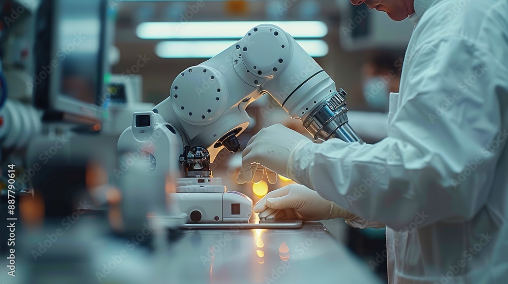 Poster technician working with advanced robotic equipment in a high-tech laboratory setting, showcasing inn