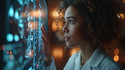 Young scientist analyzing data on a futuristic digital interface screen, focused and concentrated in a high-tech laboratory.