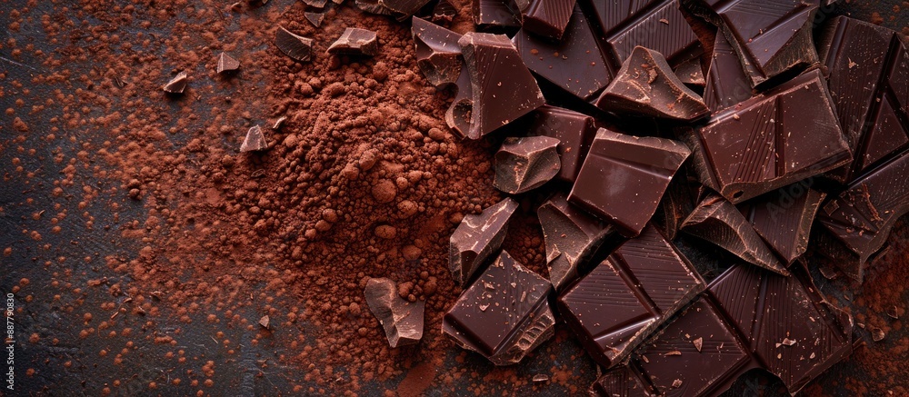 Poster dark background with broken chocolate pieces and cocoa powder creating a visually appealing copy spa