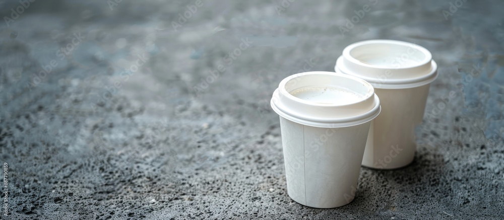 Poster front view of two white takeaway cups of tea or coffee on a concrete surface with a copy space image