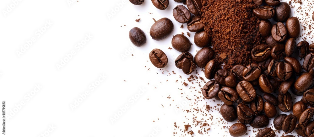 Poster coffee beans and ground coffee on a white background for a copy space image