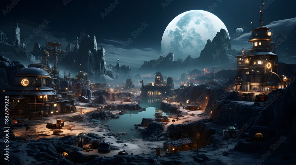 Poster a mining colony built inside a crater on an alien planet is illuminated by lights from within and a 