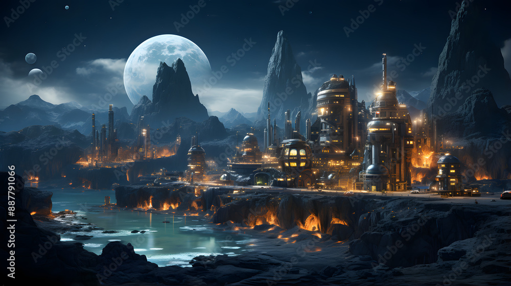 Poster an sprawling industrial city built on the edge of cliffs on a volcanic planet with flowing lava and 