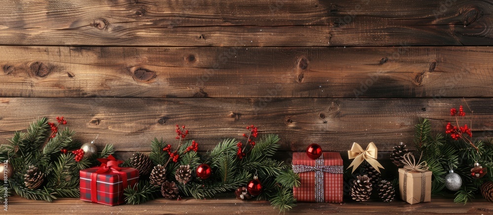 Aufkleber festive new year party arrangement with various decorations like gifts a present box ornaments fir t