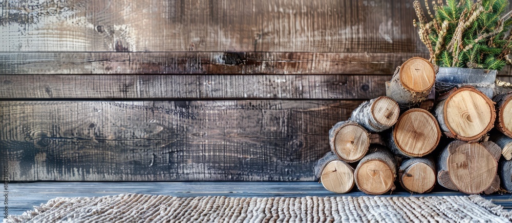 Poster Stack of assorted natural wooden logs against a rustic background with copy space image