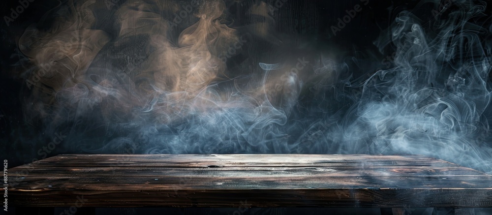 Poster a dark background showcases an empty wooden table with smoke rising providing a copy space image for