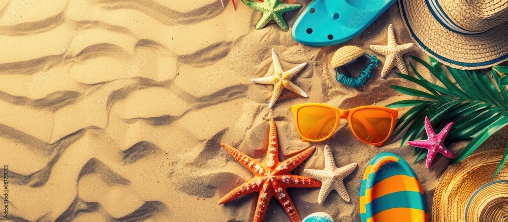 Poster top view of beach accessories arranged on sand with available copy space image