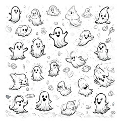 Obraz premium coloring page of a cartoon drawing of adorable ghosts with different expressions on white background