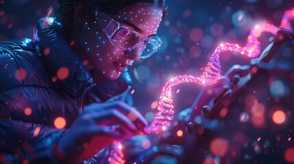 Focused woman in futuristic glasses, working with high-tech glowing interface in a data-rich environment, representing technology and innovation.
