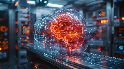 Futuristic AI brain in a digital server room, illustrating advanced technology and artificial intelligence concepts.