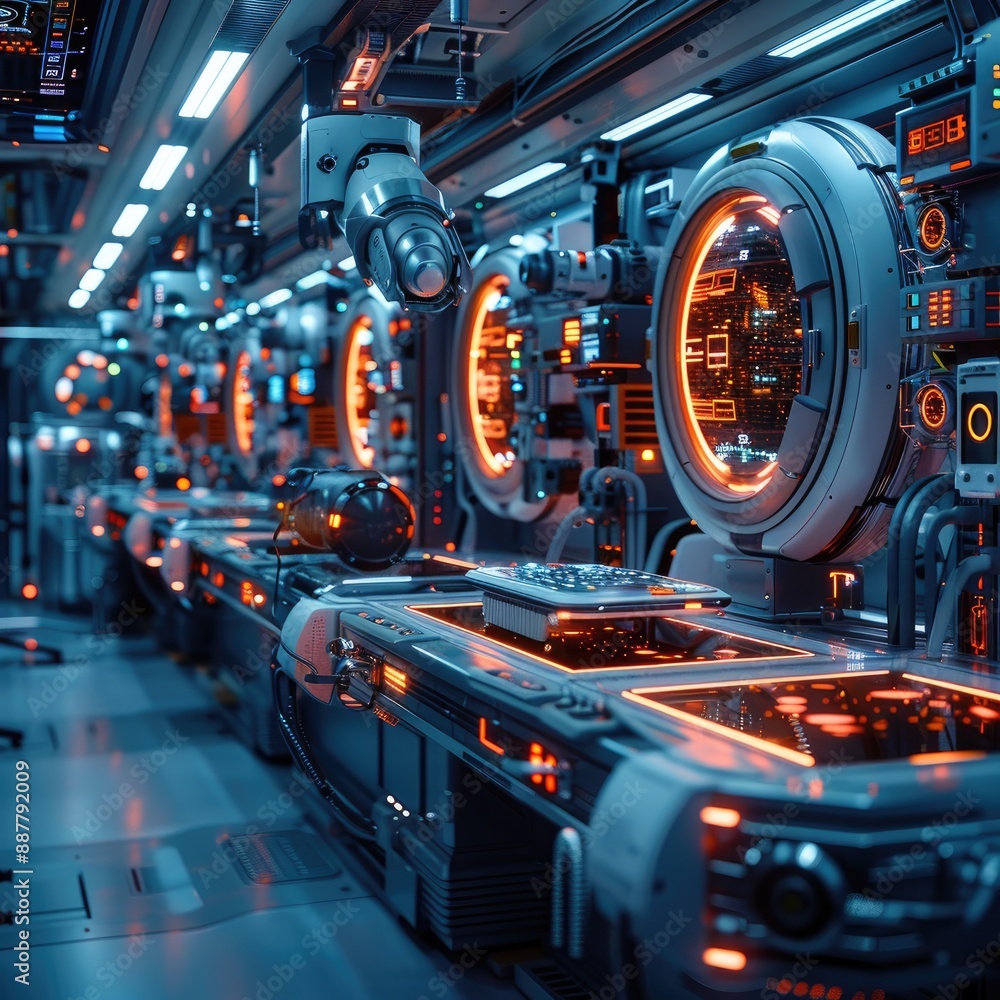 Poster futuristic high-tech laboratory filled with advanced robotics and neon lighting in a sci-fi setting.