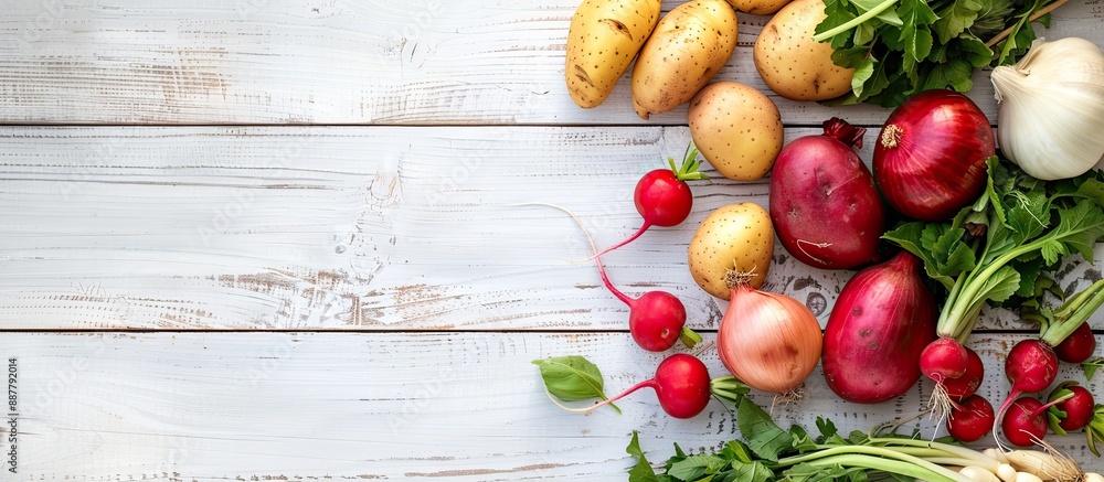 Aufkleber various fresh produce like potatoes onions radishes and fruits are displayed beautifully on a white 