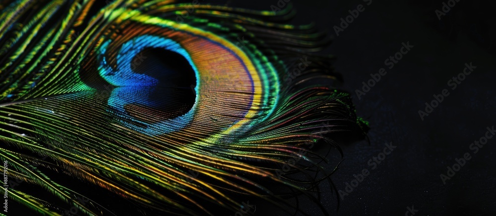 Poster high quality photo of a peacock feather on a black background providing copy space image