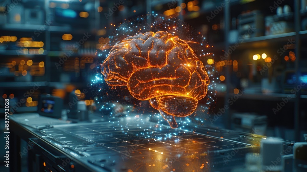 Aufkleber futuristic glowing brain hologram in a high-tech laboratory, representing artificial intelligence an