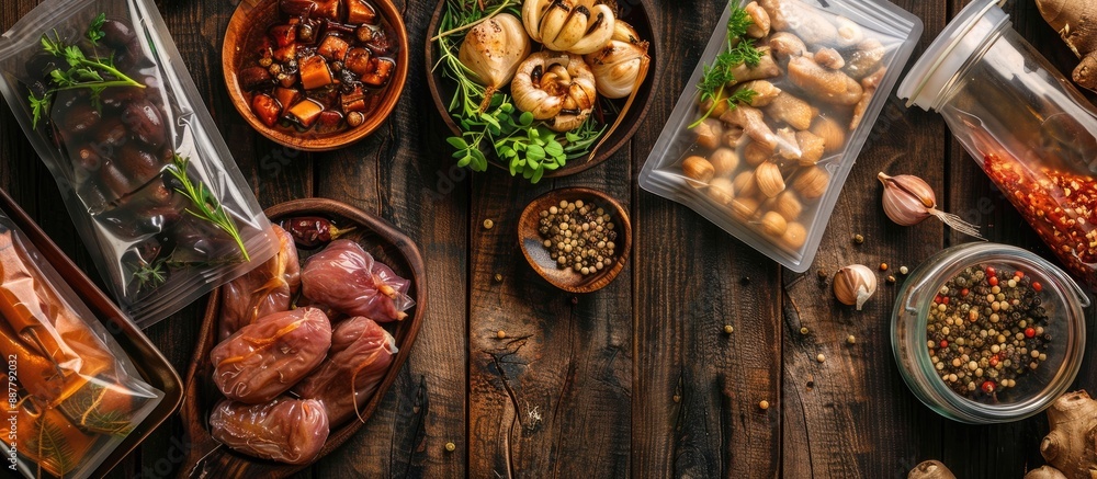 Poster top view of sous vide cooking concept displayed with vacuum packed ingredients set against a wooden 